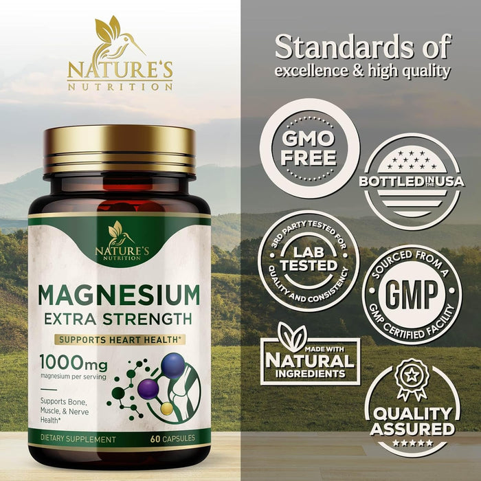 Magnesium Extra Strength 1000mg - Chelated for Max Absorption, Magnesium Capsules for Bone, Muscle & Heart Health Support