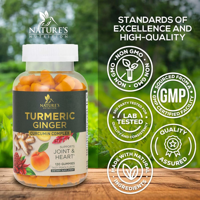Turmeric Curcumin with Black Pepper Extract & Ginger Gummies, High Absorption Potent 95% Curcuminoids Turmeric Supplement, Nature's Tumeric Curcuma Gummy Pills, Joint Support Capsules