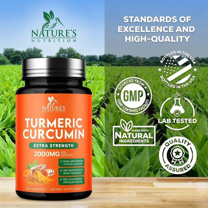 Turmeric Curcumin Supplement 2000mg - Nature's Joint & Immune Support, Organic Tumeric & BioPerine Black Pepper for Best Absorption with 95% Curcuminoids, Non-GMO, Bottled USA - 240 Count