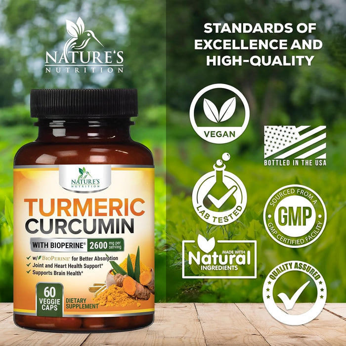 Turmeric Curcumin Supplement with BioPerine 95% Standardized Curcuminoids 2600mg - Black Pepper for Max Absorption, Vegan Joint Support, Nature's Tumeric Herbal Extract Vegan Non-GMO