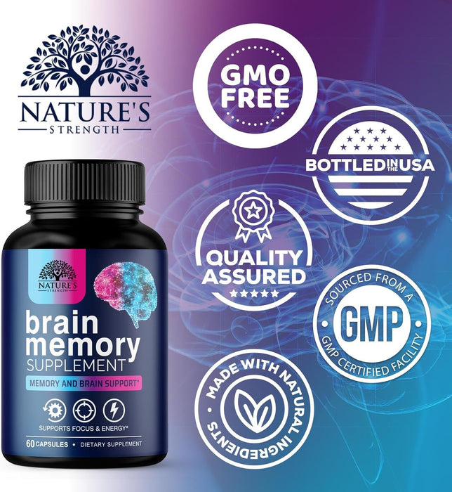Nootropic Brain Supplements Focus Memory Supplement Pills - Mental Support & Concentration - Brain Health & Energy with B Vitamins, Phosphatidylserine, Nature's Vitamins for Men & Women - 60 Capsules
