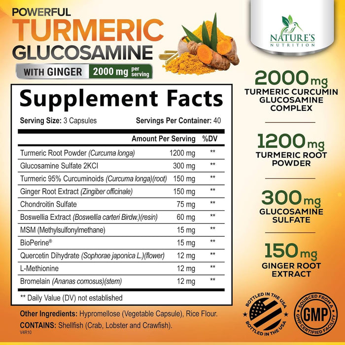 Turmeric Curcumin with BioPerine, Ginger & Glucosamine 95% Curcuminoids 2000mg Black Pepper for Max Absorption Joint Support, Nature's Tumeric Herbal Extract Supplement, Vegan, Non-GMO