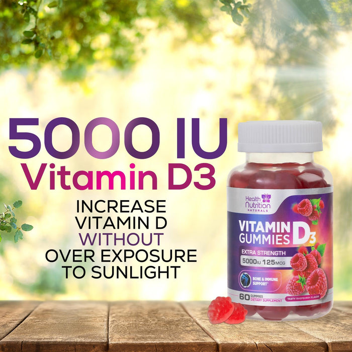 Vitamin D3 Gummies 5000 IU (125 mcg) - Extra Strength Immune Support, Bone, Teeth and Muscle Vitamin D Gummy Dietary Supplement, Nature's Berry D Vitamin Supplement, Raspberry, Non-GMO - 60 Gummies
