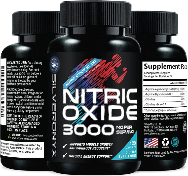 Extra Strength Nitric Oxide Supplement 3X Strength L Arginine, Citrulline Malate, AAKG, Beta Alanine - Premium Muscle Supporting Nitric Booster - Natural Energy & Heart Health Support - 120 Capsules