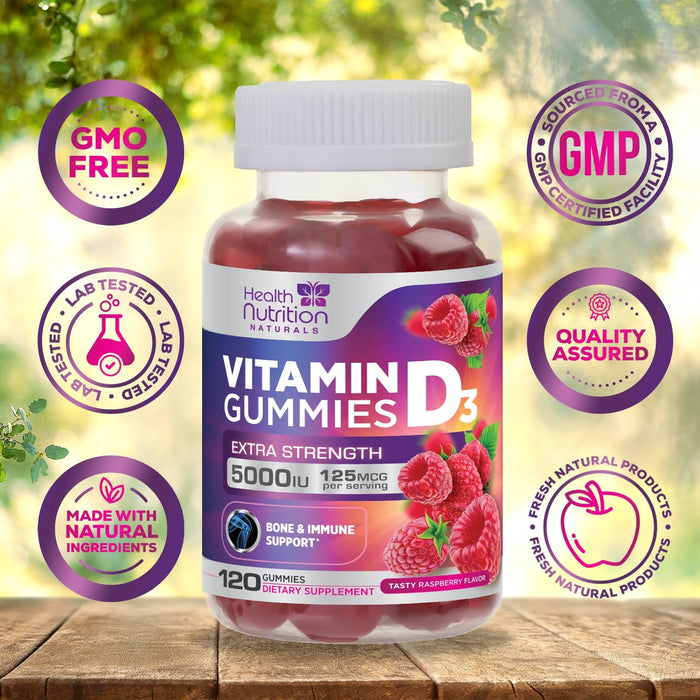 Vitamin D3 Gummies 5000 IU (125 mcg) - Extra Strength Immune Support, Bone, Teeth and Muscle Vitamin D Gummy Dietary Supplement, Nature's Berry D Vitamin Supplement, Raspberry, Non-GMO - 120 Gummies