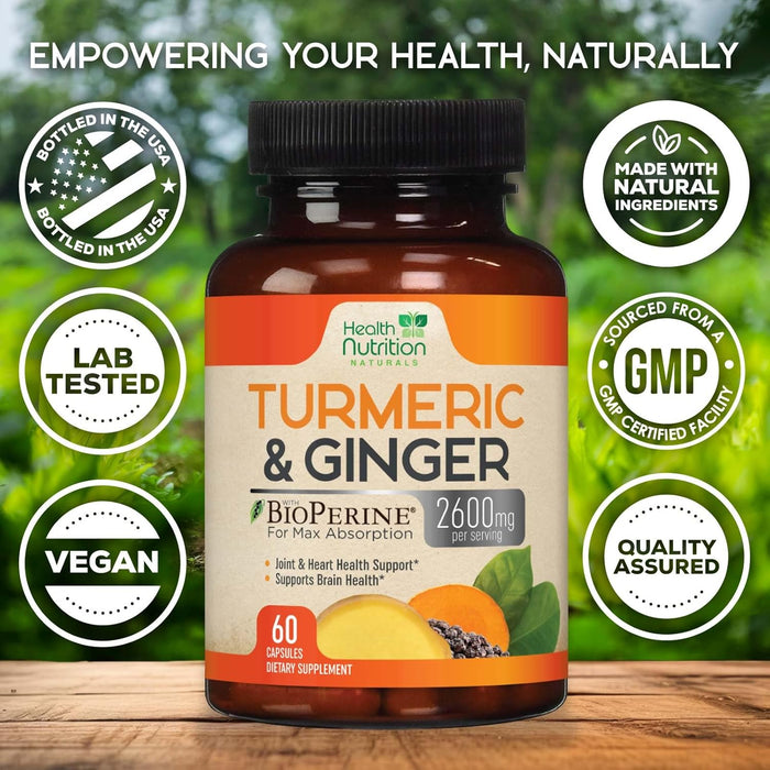Health Nutrition Turmeric Curcumin 2600mg with Ginger & Black Pepper - 95% Standardized Curcuminoids, BioPerine for Max Absorption, Herbal Supplement for Joint Support, Tumeric Extract