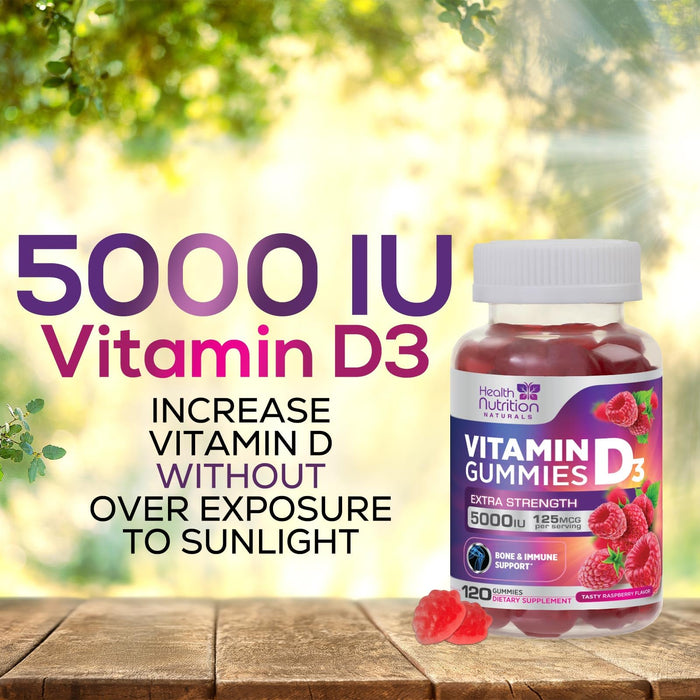 Vitamin D3 Gummies 5000 IU (125 mcg) - Extra Strength Immune Support, Bone, Teeth and Muscle Vitamin D Gummy Dietary Supplement, Nature's Berry D Vitamin Supplement, Raspberry, Non-GMO - 120 Gummies