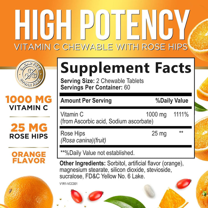 Extra Strength Vitamin C 1000 mg - Chewable Vita C for Powerful Immune Support with Vitamin C & Rose HIPS - Potent Dietary Chewable Vitamin C Supplement, Vegan, Gluten-Free, Non-GMO