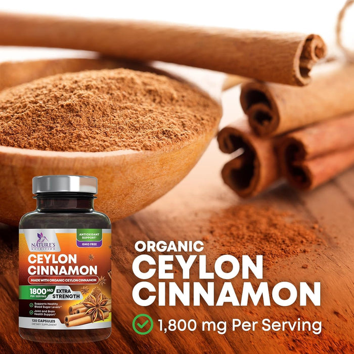 Pure Cinnamon Capsules, Certified Organic Ceylon Cinnamon Pills, Non-GMO, Gluten-Free, Dairy-Free, Sri Lanka Cinnamon Powder Supplement, Best Vegan True Cinnamomum Vitamins, Sugar Free