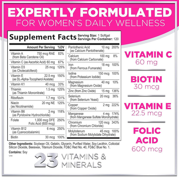 Multi Vitamins for Women - Daily Women's Multi for Energy & Immune Health Support with Vitamin A, B6, B12, C, D, Biotin, Folate, Iron & Zinc, Gluten Free, Womens Multivitamin