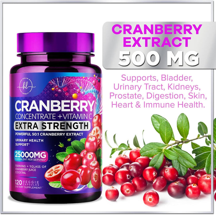 Cranberry Extract Pills + Vitamin C (25,000mg Formula) Urinary Tract Support, Sugar Free Cranberry Supplement for Women & Men, Cranberry for Urinary Health Support, NON-GMO, Gluten Free