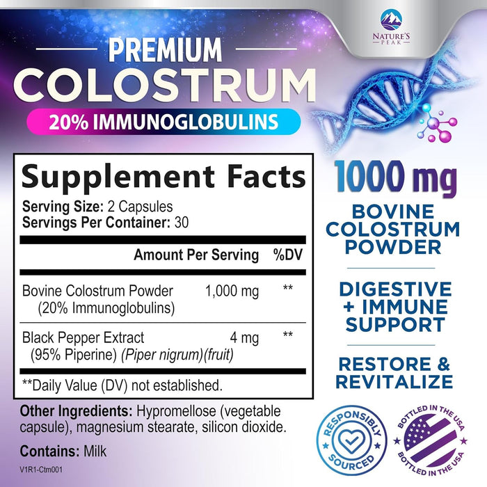 Colostrum Supplement 1000mg 20% Immunoglobulins for Gut Health, Immune Support, Muscle, Skin & Hair Growth, Bovine Colostrum Powder, Nature's Colostrum for Women & Men, Bottled in USA