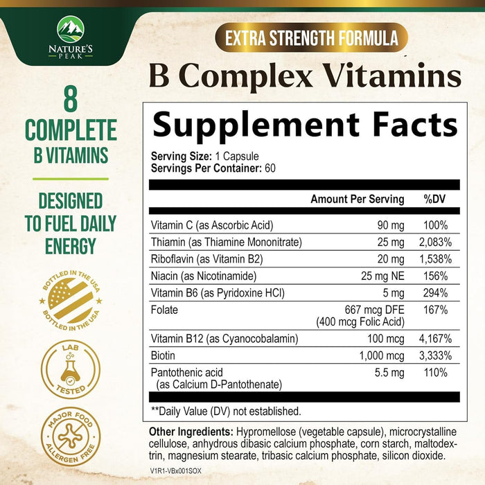 B Complex Vitamin Supplement 1000mcg - 3X Strength with Vitamin C & Folic Acid - Super B Complex Vitamins for Energy, Supports Hair Growth, Immune Support for Women & Men, USA Bottled - 60 Capsules