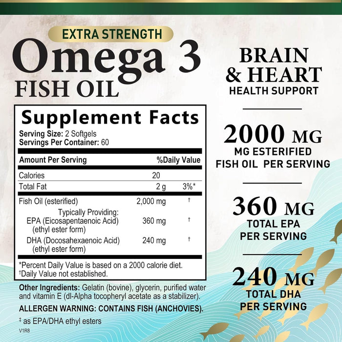 Triple Strength Omega 3 Fish Oil 2000 mg Softgels, Nature's Fish Oil Supplements, Brain & Heart Health Support - EPA & DHA, 1000 MG Fish Oil in Each Softgel, Omega-3 Supplement