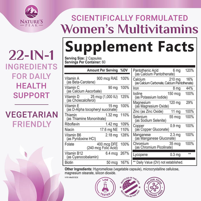 Multivitamin for Women - Complete Daily Womens Multivitamins with Calcium, Folate, Vitamin A, C, D, E & B Vitamins, Zinc and Iron - Multi Vitamins for Bone, Energy & Immune Support - 120 Capsules