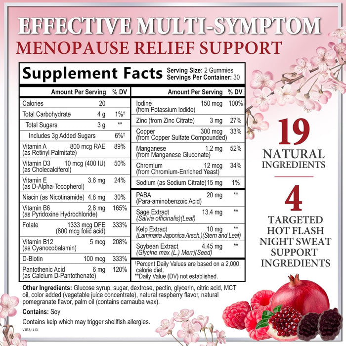 Menopause Supplements for Women Gummy - Multibenefit Menopause Relief Gummies, Natural Hot Flash and Night Sweats Support - Energy Support Supplement, Raspberry Pomegranate - 60 Gummies