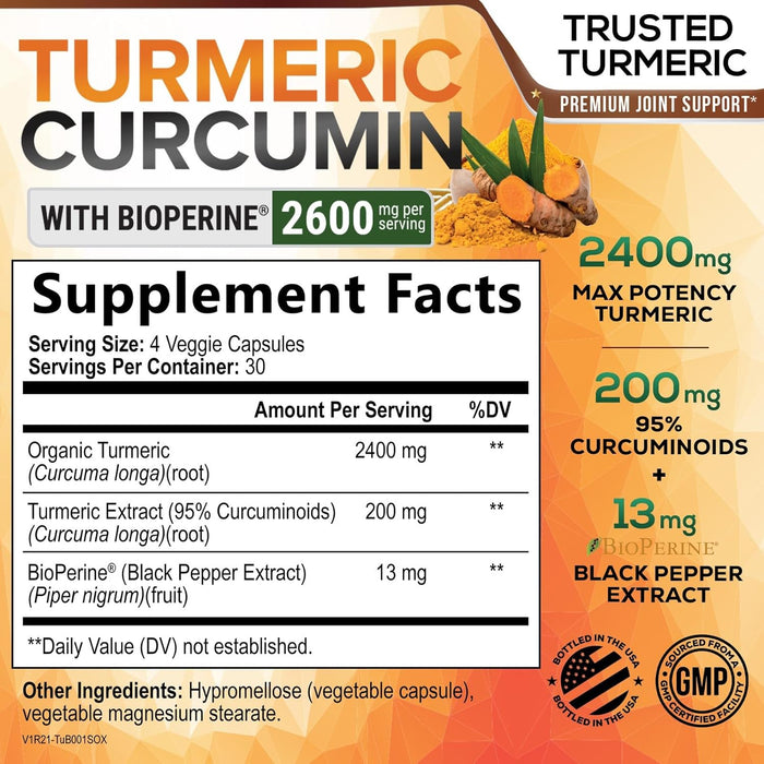 Turmeric Curcumin Supplement with BioPerine 95% Curcuminoids 2600mg with Black Pepper for Best Absorption, Bottled in USA, Best Natural Vegan Joint Support, Nature's Non-GMO Tumeric - 120 Capsules