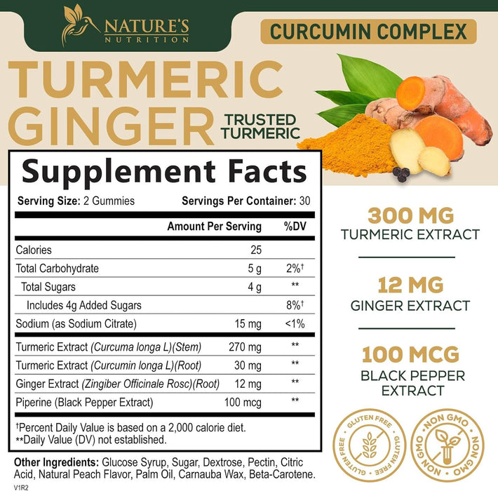 Turmeric Curcumin with Black Pepper Extract & Ginger Gummies, High Absorption Potent 95% Curcuminoids Turmeric Supplement, Nature's Tumeric Curcuma Gummy Pills, Joint Support Capsules