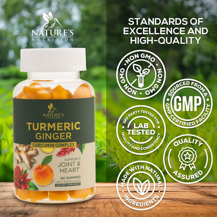 Turmeric Curcumin with Black Pepper Extract & Ginger Gummies, High Absorption Potent 95% Curcuminoids Turmeric Supplement, Nature's Tumeric Curcuma Gummy Pills, Joint Support Capsules