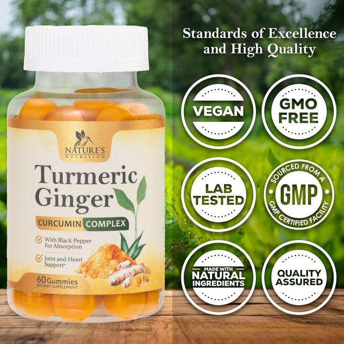 Turmeric Curcumin & Ginger Gummies 95% Curcuminoids with Black Pepper Extract for Max Absorption Joint Support, Nature's Tumeric Herbal Extract Supplement, Vegan Gummy Capsules, Non-GMO