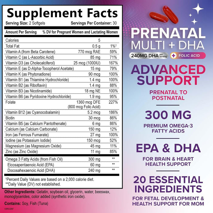 Women's Prenatal Multivitamin with Folic Acid & DHA, Prenatal Vitamins w/ Folate, Omega 3, Vitamins D3, B6, B12 & Iron, Pregnancy Support Prenatal Supplement, Non-GMO Gluten Free