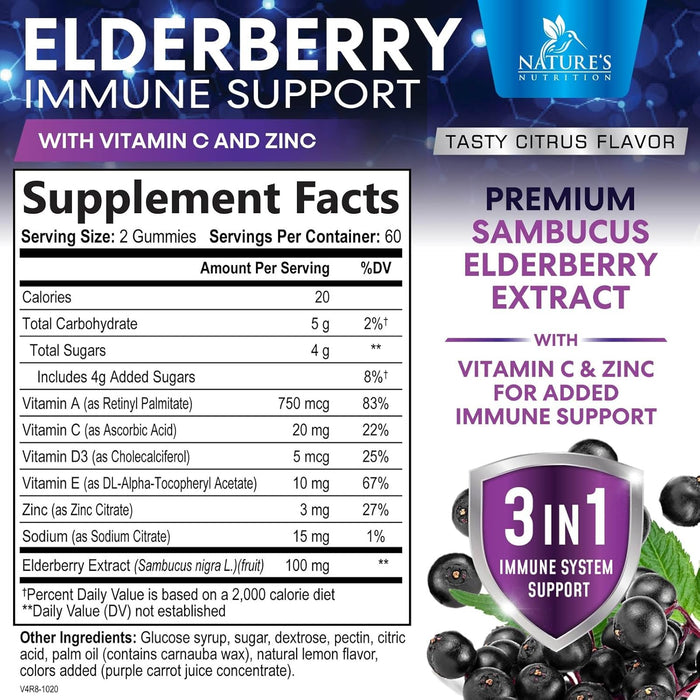 Nature's Sambucus Elderberry Gummies Immune Gummies with Vitamin C and Zinc, Immune Support Gummy Vitamin Supplement, Black Elderberry for Adults & Kids - Gluten Free Non-GMO