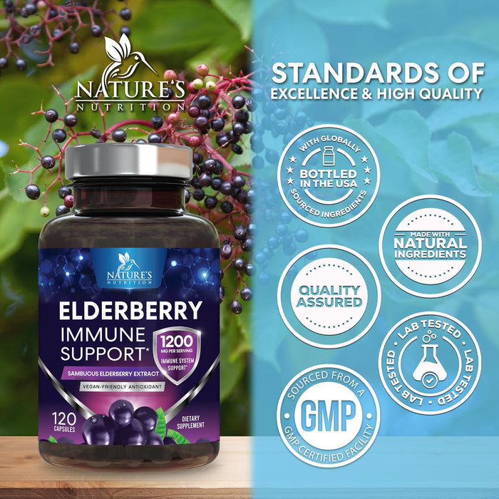 Elderberry Immune Support 1200mg Extract Capsules - Daily Immune Support for Adults with Concentrated Sambucus Black Elderberry Antioxidant - Gluten Free Vitamin, Non-GMO Supplement - 120 Capsules