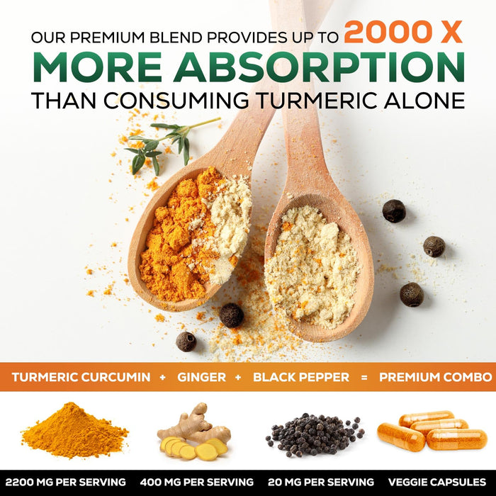 Turmeric Curcumin Supplement 2600mg with Organic Ginger & Turmeric, BioPerine Black Pepper Extract 95% Curcuminoids - Advanced Absorption Joint & Antioxidant Extra Strength Support - 60 Capsules