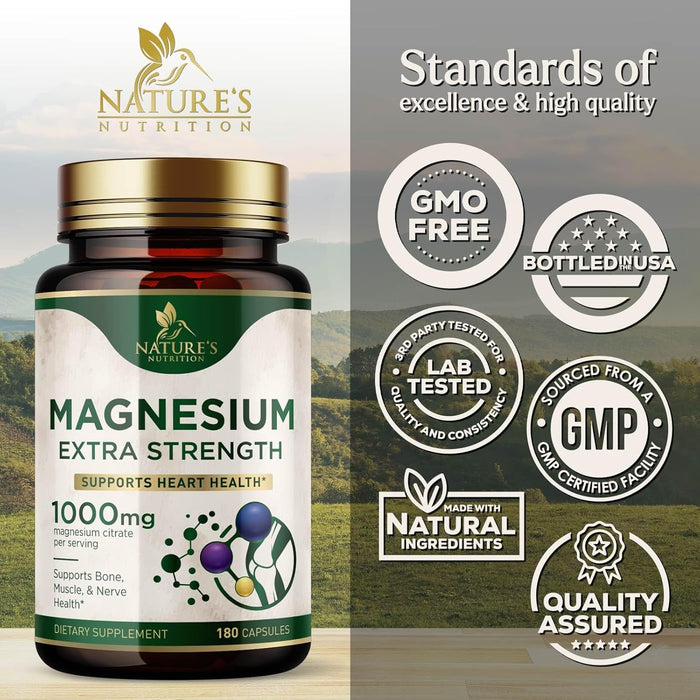 Magnesium Supplement (Citrate Oxide) 1000mg for Best Absorption, Supports Bone, Heart Health, Nerves, Muscles & Metabolism, Nature's Pure Magnesio Vitamin Pills, Bottled in USA, 180 Capsules