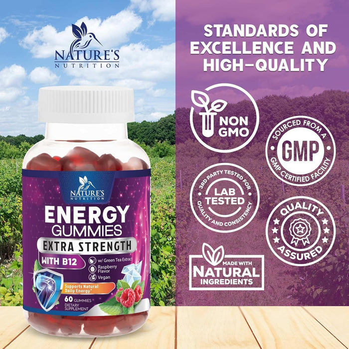 Energy Gummies Vitamin B12, Green Tea and Guarana Extract, Daily Energy Vitamin Supplement, Delicious Raspberry Flavor Gummy Chewable Supplement for Men and Women, Non-GMO and Vegan