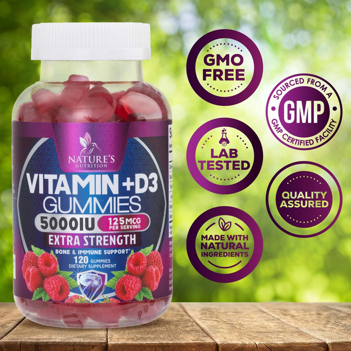 Vitamin D3 Supplement Gummy 5000 IU (125 mcg) Dietary Vitamins D for Men & Women - Bone, Teeth, Muscle and Immune Health Support, High Potency VIT D3 Nature's Non-GMO & Gluten Free - 120 Gummies