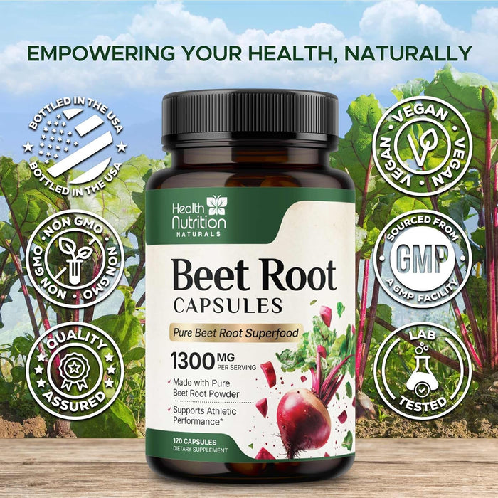 Beet Root Capsules 1300mg - Organic Extra Strength Red Beetroot Powder Supplement – Supports Nitric Oxide Production, Heart Health & Athletic Performance, Pure Beetroot Superfood – 120 Vegan Capsules