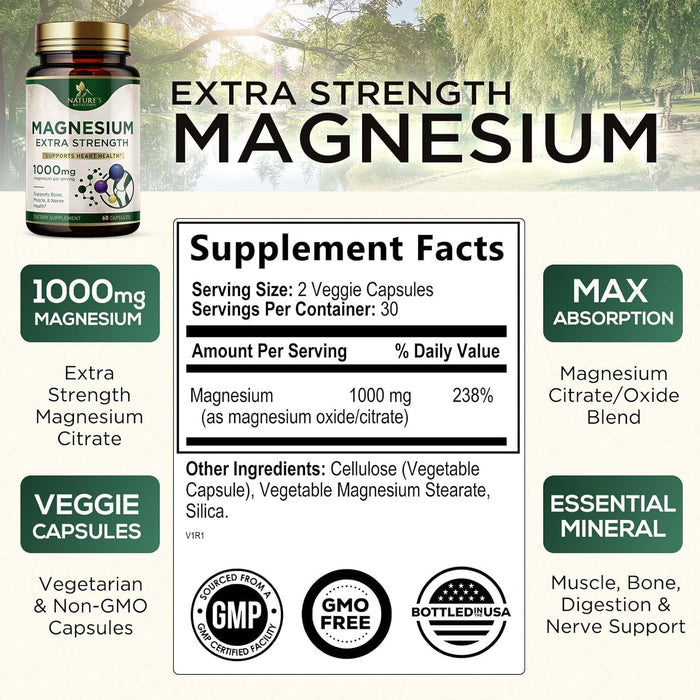 Magnesium Extra Strength 1000mg - Chelated for Max Absorption, Magnesium Capsules for Bone, Muscle & Heart Health Support