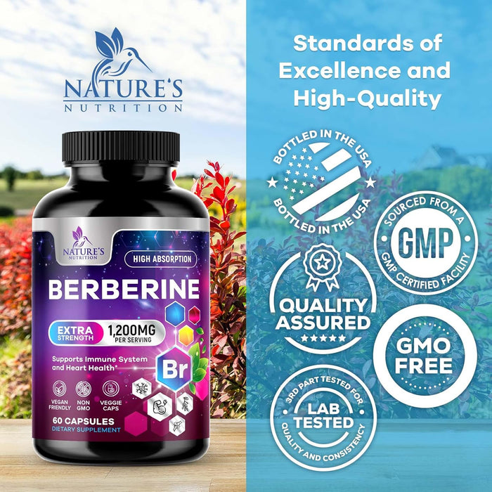Nature's Nutrition Berberine Supplement 1200mg per Serving - High Absorption Heart Health Support & Immune Support - Berberine Plus - Berberine HCI Supplement Pills, Gluten-Free