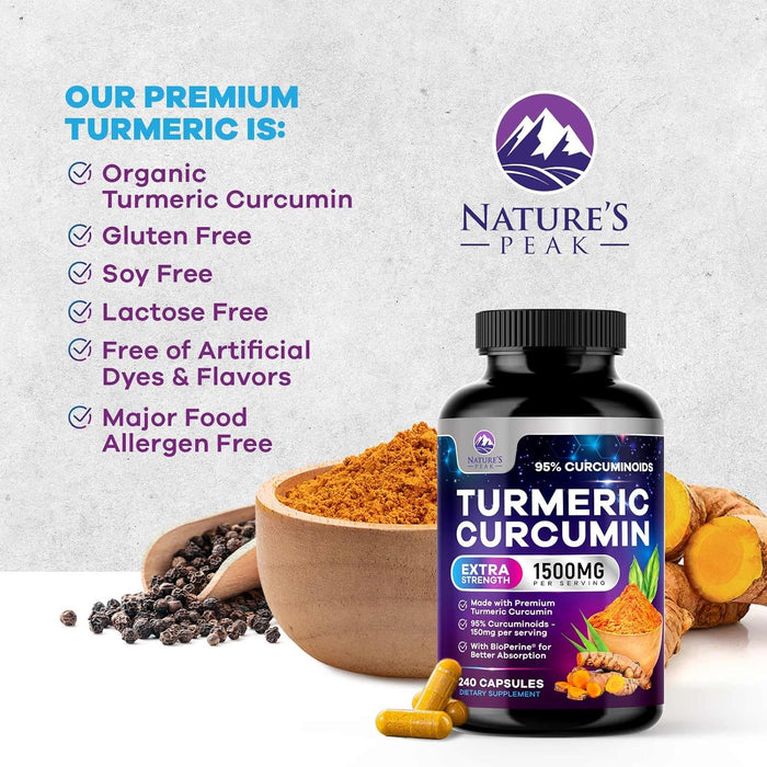 Turmeric Curcumin Supplement with BioPerine 95% Curcuminoids 1500mg with Black Pepper for Best Absorption - Best Natural Vegan Joint Support - Bottled in USA, Non-GMO, Organic Tumeric - 240 Capsules