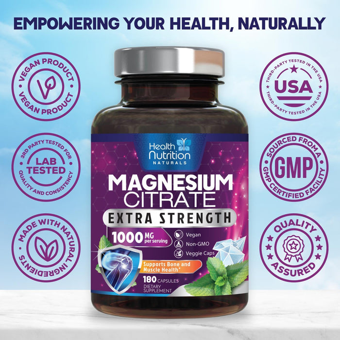 Magnesium Citrate Capsules 1000mg - Max Absorption Magnesium Powder for Muscle, Nerve, Bone and Heart Health Support, High Absorption Citrate Complex, Gluten Free, Non-GMO - 180 Capsules