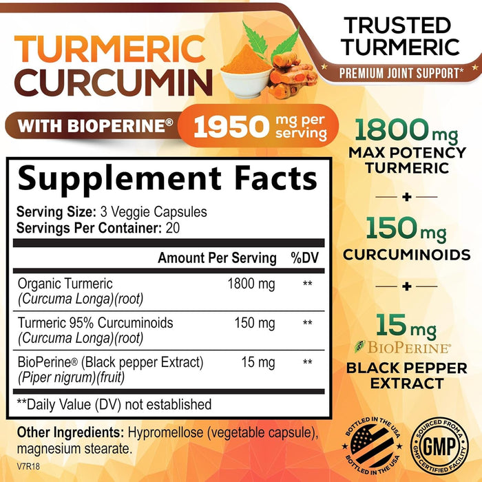 Turmeric Curcumin with BioPerine & Ginger 95% Standardized Curcuminoids 1950mg Black Pepper for Max Absorption Joint Support, Nature's Tumeric Herbal Extract Supplement, Vegan, Non-GMO