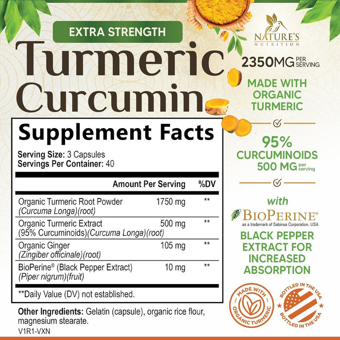 Turmeric Curcumin Supplement 1750mg with Organic Turmeric & Ginger, 95% Curcuminoids, BioPerine Black Pepper for Best Absorption, Nature's Vegan Joint Support, Non-GMO, Bottled in USA - 120 Capsules