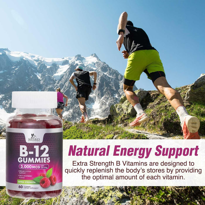 Vitamin B12 Gummies 3000 mcg, Extra Strength B 12 Gummy for Adults and Kids, B-12 Energy & Immune System Support Vitamins, Dietary Supplement, Raspberry Flavored