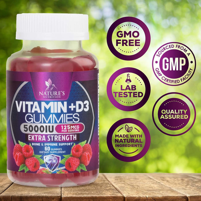 Vitamin D3 Gummies 5,000 IU Extra Strength 125 mcg D3 Supplement Gummy - Support Natural Bone, Muscle, & Immune Health - Gluten Free - Non-GMO - Nature's Raspberry Flavor