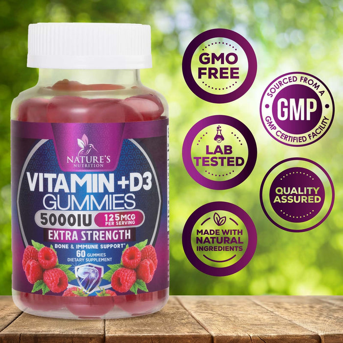 Vitamin D3 Supplement Gummy 5000 IU (125 mcg) Dietary Vitamins D for Men & Women - Bone, Teeth, Muscle and Immune Health Support, High Potency VIT D3 Nature's Non-GMO & Gluten Free - 60 Gummies