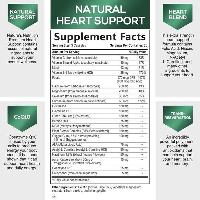 Heart Supplements 1650mg for Heart Health Support with CoQ10, L-Arginine, Magnesium, Hawthorn - 22 Natural Heart Vitamins & Extracts to Support Nitric Oxide & Energy Production, and More - 60 Capsules