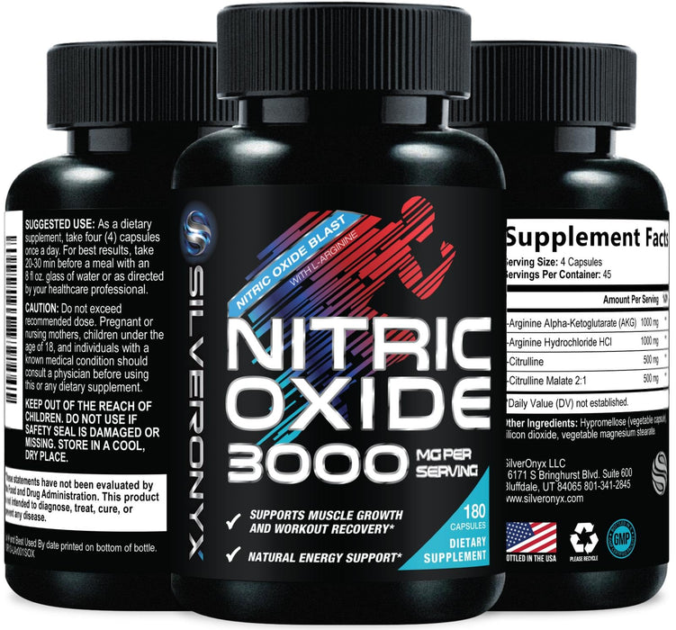 Extra Strength Nitric Oxide Supplement 3X Strength L Arginine, Citrulline Malate, AAKG, Beta Alanine - Premium Muscle Supporting Nitric Booster - Natural Energy & Heart Health Support - 180 Capsules