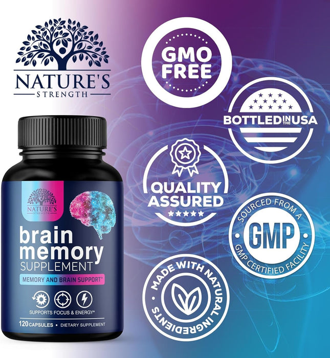 Brain Memory Supplement Pills - Nootropics Support for Concentration, Clarity, Alertness & Focus - Brain Health with Bacopa, Cognitive Vitamins, Phosphatidylserine, DMAE - Brain Booster - 120 Capsules