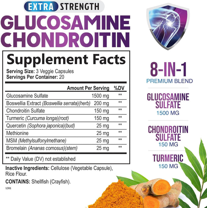 Glucosamine Chondroitin Supplements MSM Turmeric Boswellia - Joint Support Supplement for Joint Health, Joint Mobility - Glucosamine Sulfate Mobility Formula - Gluten Free and Non-GMO