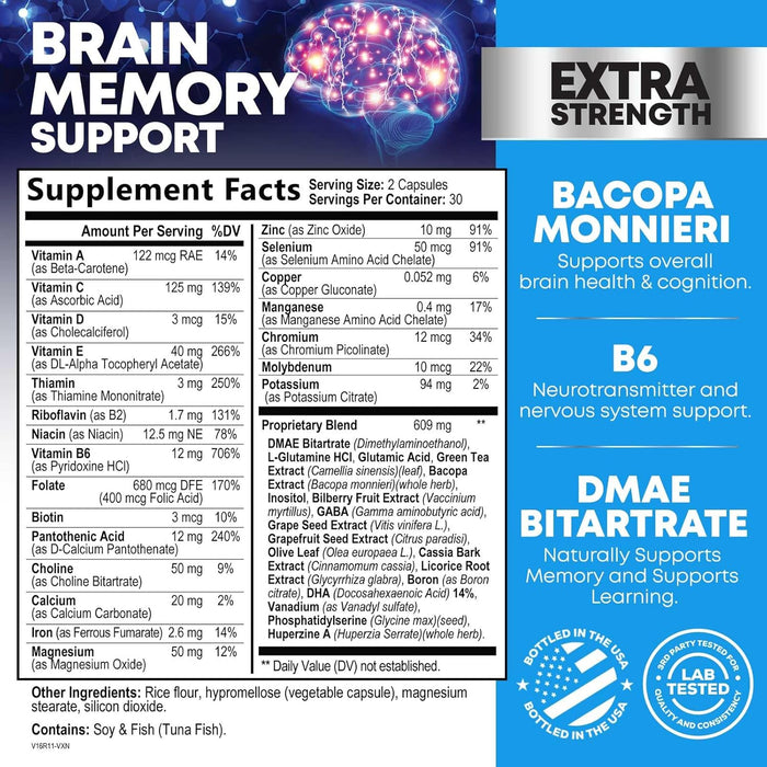 Nootropic Brain Supplement for Memory, Focus & Concentration - Cognitive Support Brain Booster Supplement with Phosphatidylserine & DMAE Bacopa - Brain Vitamins for Men & Women, Non-GMO