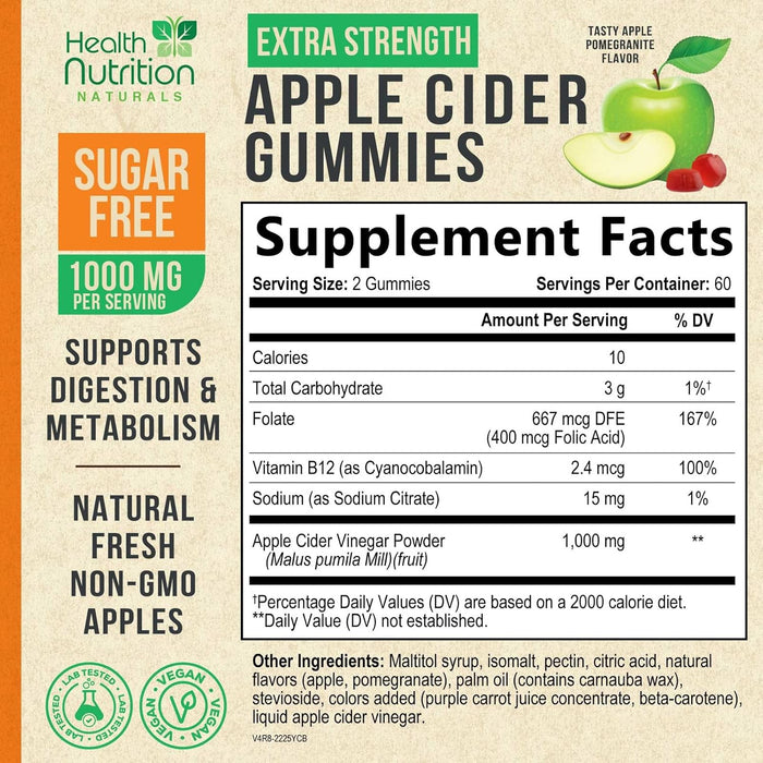 Vegan Apple Cider Vinegar Gummies | 120 Count | ACV Supplement, Advanced Weight Loss, Belly Fat Burn, Detox & Cleanse, Natural Apple Flavor, Non-GMO, Gluten Free Gummy for Adults