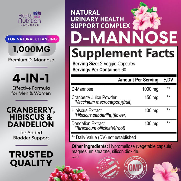 D-Mannose Supplement 1,350mg with Cranberry, Hibiscus & Dandelion - Fast-Acting, Natural Bladder & Urinary Tract Support for Women & Men â€“ Flush & Cleanse Impurities â€“ Non-GMO, Vegan â€“ 120 Capsules