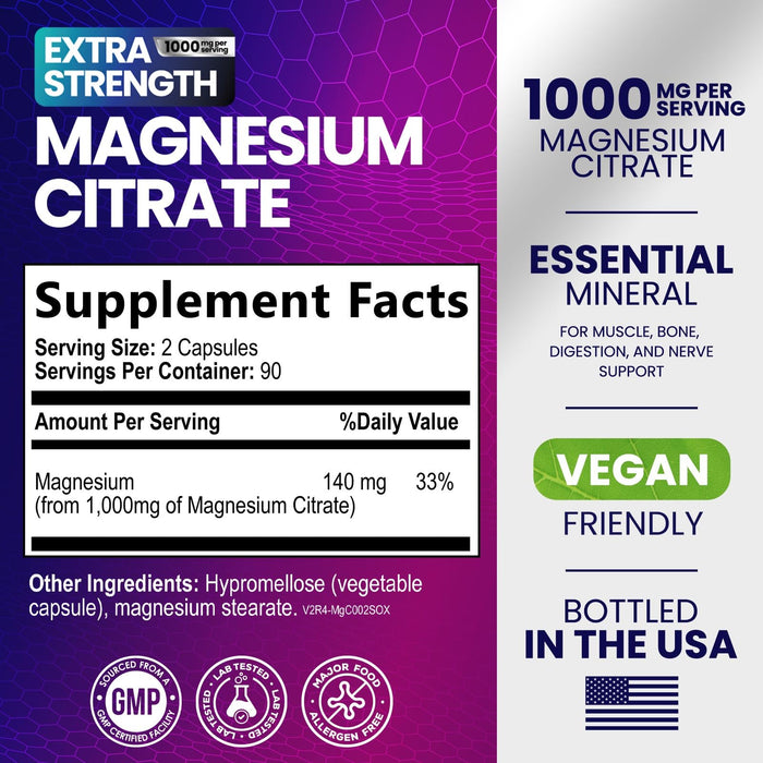 Magnesium Citrate 1000 mg for Absorption – 180 Capsules
