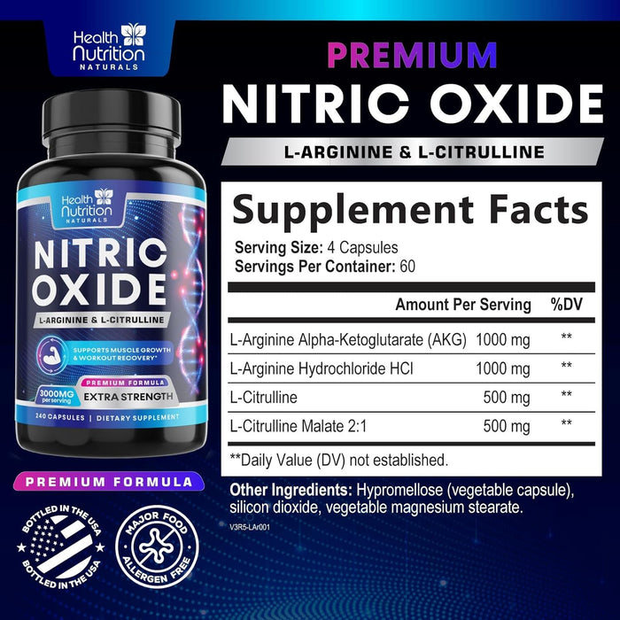 Health Nutrition Naturals HNN - Extra Strength Nitric Oxide Supplement L Arginine 3X Strength - Citrulline Malate, AAKG, Beta Alanine - Premium Muscle Support